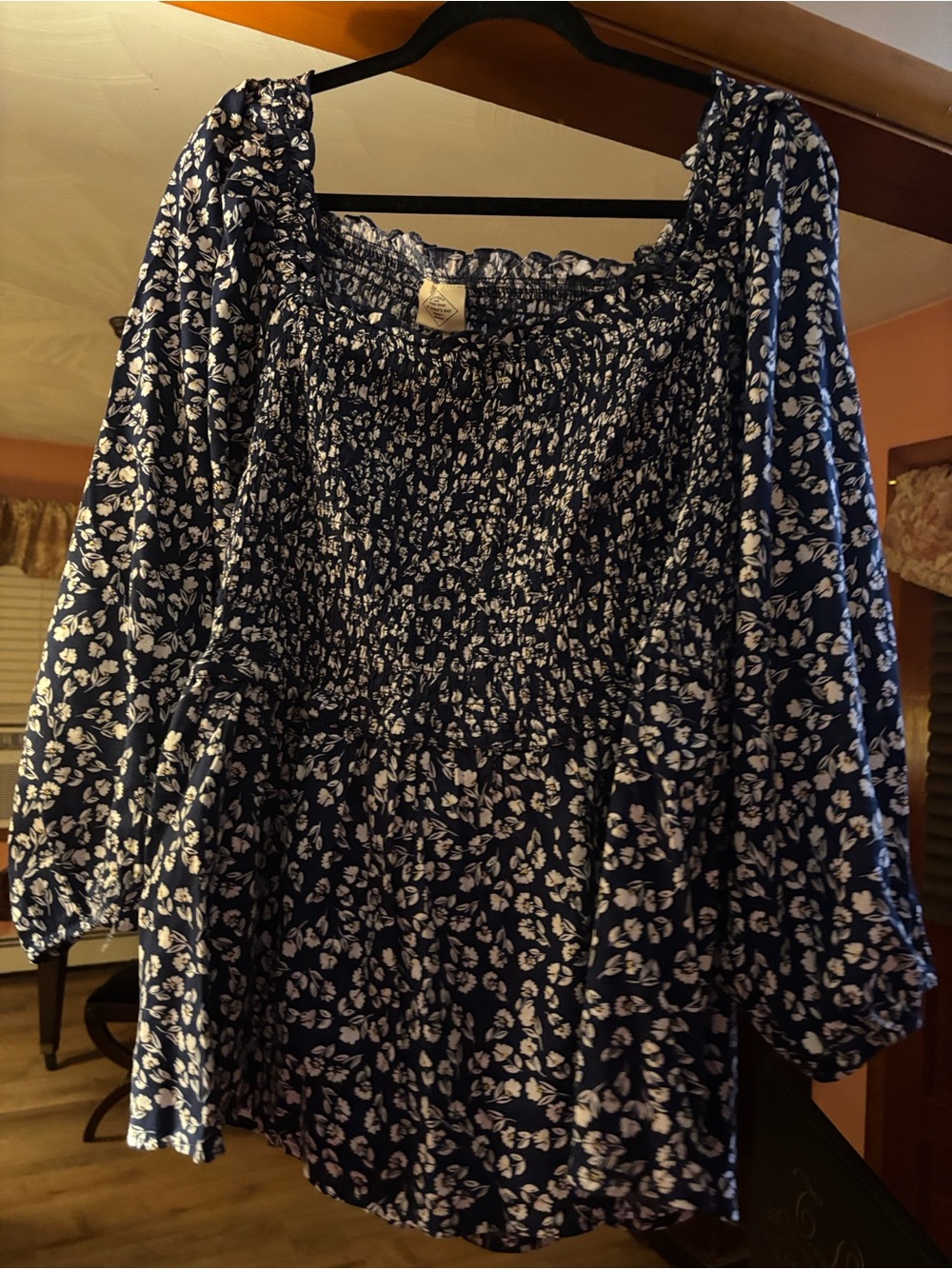 St. John's Bay Navy Blue Floral Smocked Peasant Blouse